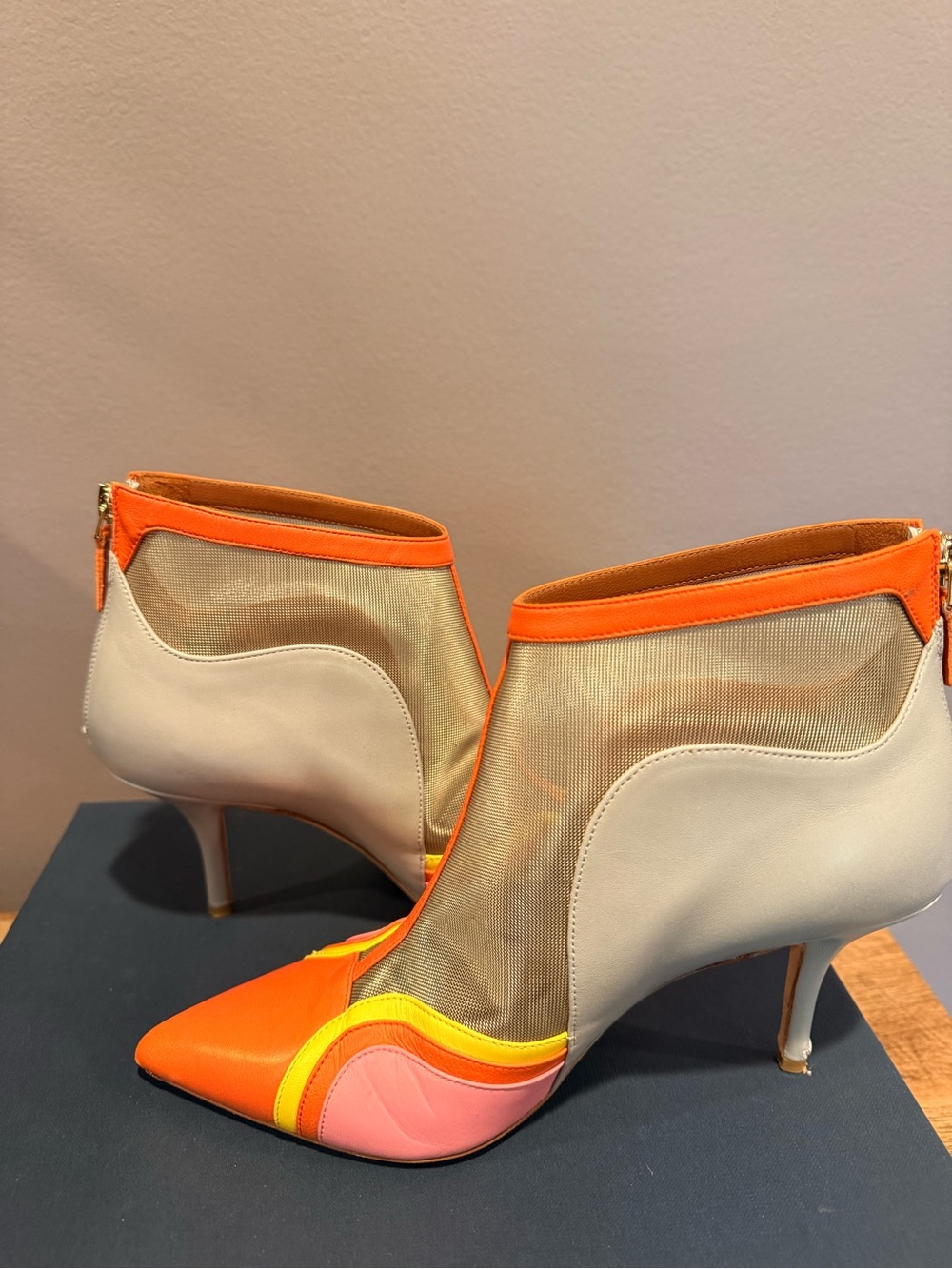 Malone Souliers Orange, Pink & Cream Colorblock Mesh Ankle Boots